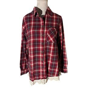 Shyanne Plaid Button-Up Cotton Flannel Shirt W/Lace Hem Size M